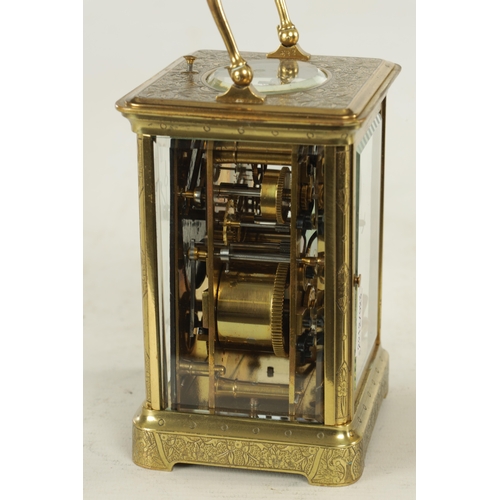 1041 - A LATE 19TH CENTURY FRENCH ENGRAVED REPEATING CARRIAGE CLOCK the brass corniche case with engraved f... 