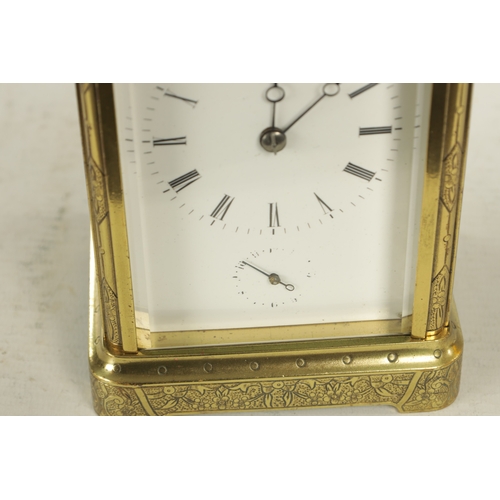 1041 - A LATE 19TH CENTURY FRENCH ENGRAVED REPEATING CARRIAGE CLOCK the brass corniche case with engraved f... 