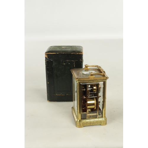 1041 - A LATE 19TH CENTURY FRENCH ENGRAVED REPEATING CARRIAGE CLOCK the brass corniche case with engraved f... 