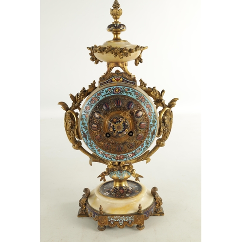 1042 - A 19TH CENTURY FRENCH ONYX AND CHAMPLEVE ENAMEL EIGHT-DAY MANTEL CLOCK having drum head shaped case ... 