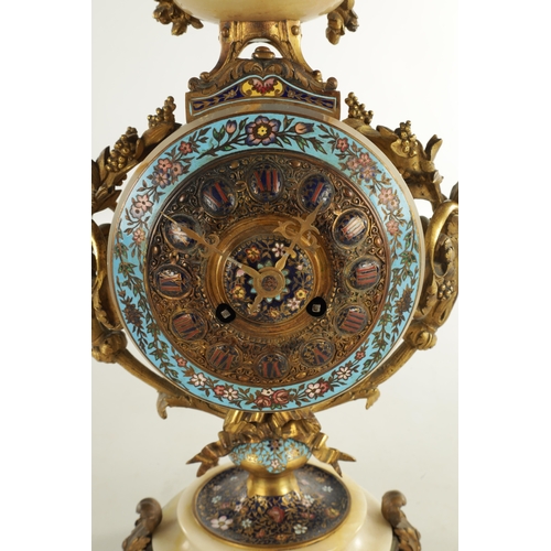 1042 - A 19TH CENTURY FRENCH ONYX AND CHAMPLEVE ENAMEL EIGHT-DAY MANTEL CLOCK having drum head shaped case ... 