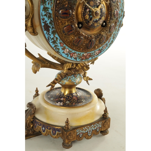 1042 - A 19TH CENTURY FRENCH ONYX AND CHAMPLEVE ENAMEL EIGHT-DAY MANTEL CLOCK having drum head shaped case ... 