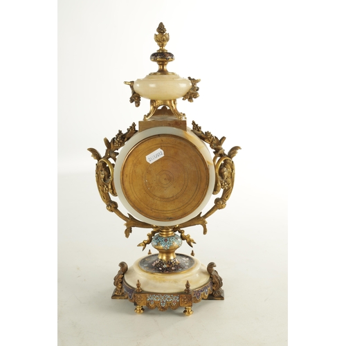 1042 - A 19TH CENTURY FRENCH ONYX AND CHAMPLEVE ENAMEL EIGHT-DAY MANTEL CLOCK having drum head shaped case ... 