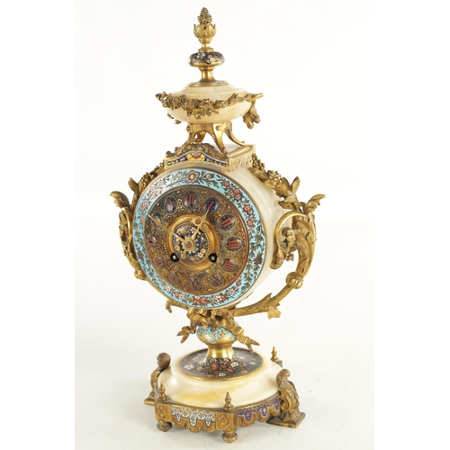 1042 - A 19TH CENTURY FRENCH ONYX AND CHAMPLEVE ENAMEL EIGHT-DAY MANTEL CLOCK having drum head shaped case ... 