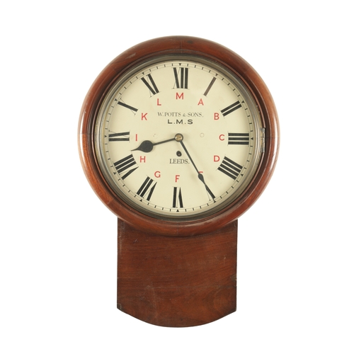 1047 - A LATE 19TH CENTURY RAILWAY CLOCK SIGNED W. POTTS & SONS, LEEDS, having a mahogany drop box style ca... 