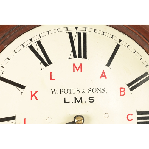 1047 - A LATE 19TH CENTURY RAILWAY CLOCK SIGNED W. POTTS & SONS, LEEDS, having a mahogany drop box style ca... 