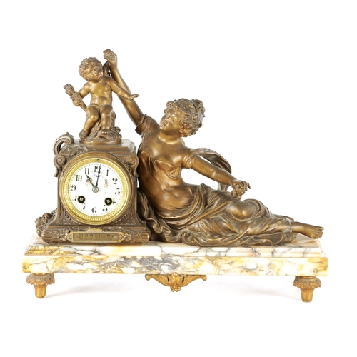 1049 - A LATE 19TH CENTURY FRENCH PATINATED METAL FIGURAL MANTEL CLOCK modelled as a classical maiden and C... 