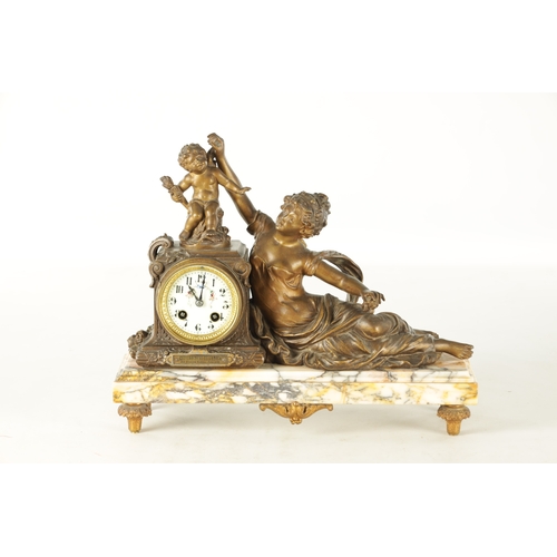 1049 - A LATE 19TH CENTURY FRENCH PATINATED METAL FIGURAL MANTEL CLOCK modelled as a classical maiden and C... 