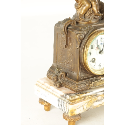 1049 - A LATE 19TH CENTURY FRENCH PATINATED METAL FIGURAL MANTEL CLOCK modelled as a classical maiden and C... 