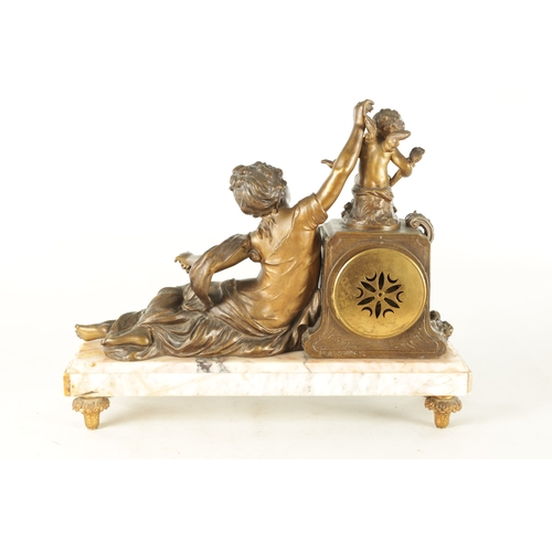 1049 - A LATE 19TH CENTURY FRENCH PATINATED METAL FIGURAL MANTEL CLOCK modelled as a classical maiden and C... 