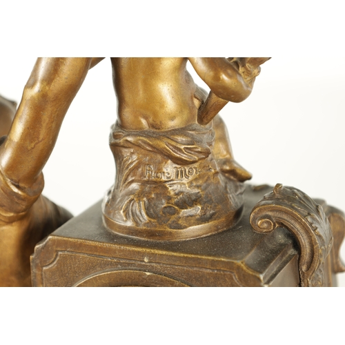 1049 - A LATE 19TH CENTURY FRENCH PATINATED METAL FIGURAL MANTEL CLOCK modelled as a classical maiden and C... 