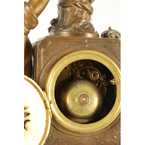 1049 - A LATE 19TH CENTURY FRENCH PATINATED METAL FIGURAL MANTEL CLOCK modelled as a classical maiden and C... 