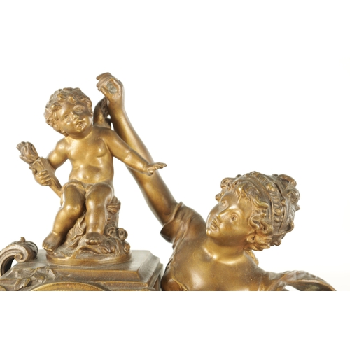 1049 - A LATE 19TH CENTURY FRENCH PATINATED METAL FIGURAL MANTEL CLOCK modelled as a classical maiden and C... 