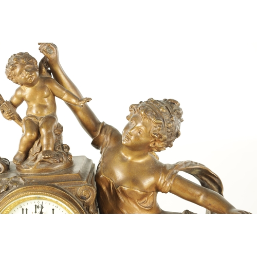 1049 - A LATE 19TH CENTURY FRENCH PATINATED METAL FIGURAL MANTEL CLOCK modelled as a classical maiden and C... 