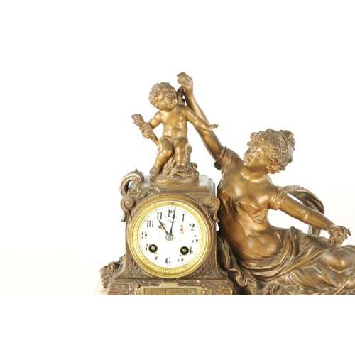 1049 - A LATE 19TH CENTURY FRENCH PATINATED METAL FIGURAL MANTEL CLOCK modelled as a classical maiden and C... 