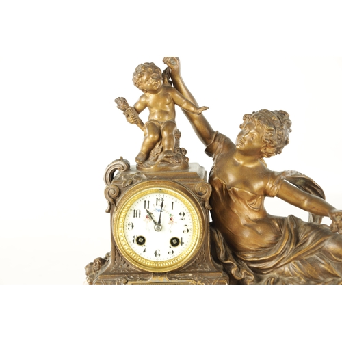 1049 - A LATE 19TH CENTURY FRENCH PATINATED METAL FIGURAL MANTEL CLOCK modelled as a classical maiden and C... 