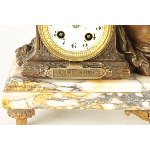 1049 - A LATE 19TH CENTURY FRENCH PATINATED METAL FIGURAL MANTEL CLOCK modelled as a classical maiden and C... 