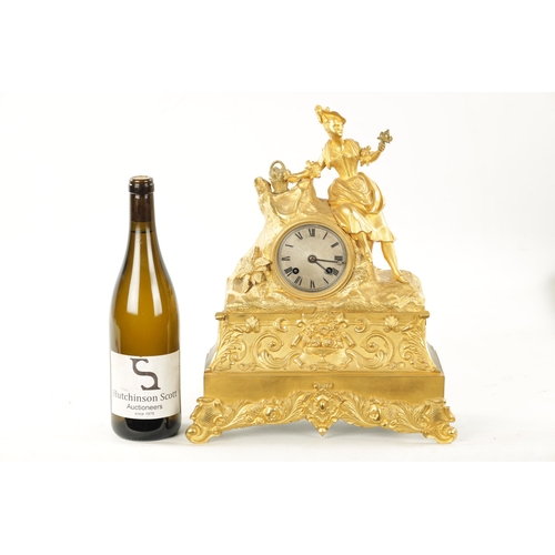 1052 - A MID 19TH CENTURY FRENCH ORMOLU FIGURAL MANTEL CLOCK the case modelled as a maiden collecting flowe... 