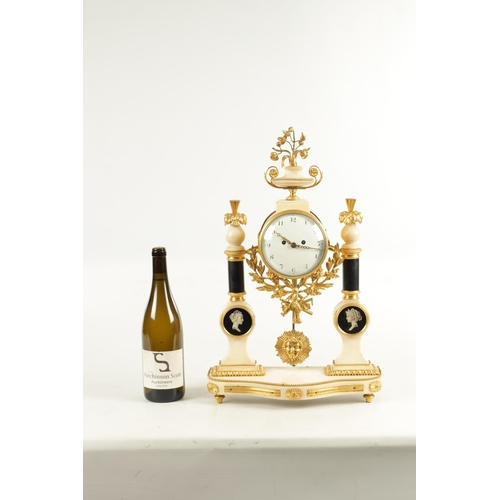 1054 - A LATE 18TH CENTURY FRENCH ORMOLU AND MARBLE DOUBLE FUSEE MANTEL CLOCK, the white marble case with c... 