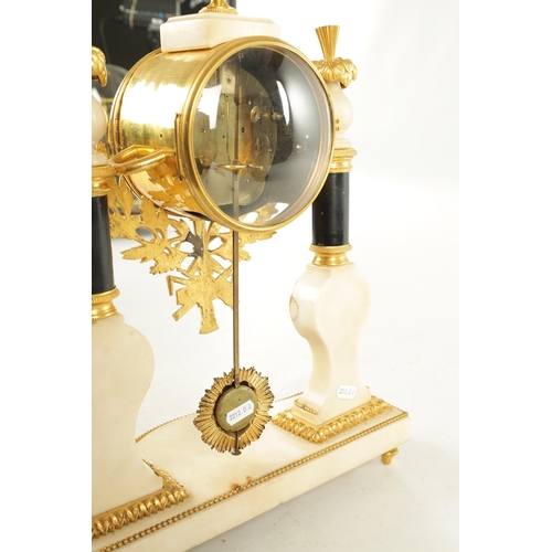 1054 - A LATE 18TH CENTURY FRENCH ORMOLU AND MARBLE DOUBLE FUSEE MANTEL CLOCK, the white marble case with c... 