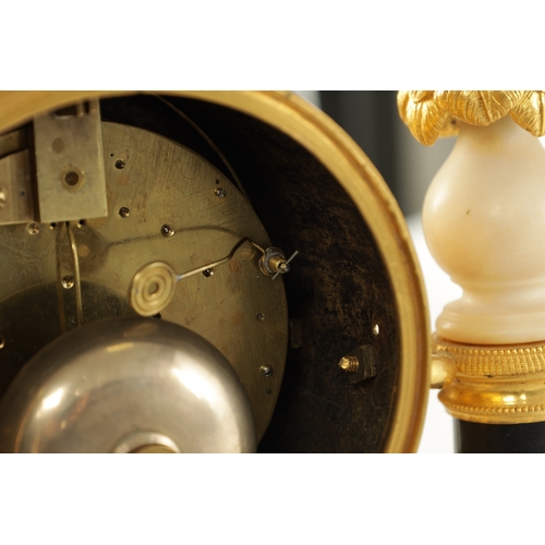 1054 - A LATE 18TH CENTURY FRENCH ORMOLU AND MARBLE DOUBLE FUSEE MANTEL CLOCK, the white marble case with c... 