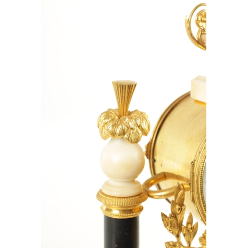 1054 - A LATE 18TH CENTURY FRENCH ORMOLU AND MARBLE DOUBLE FUSEE MANTEL CLOCK, the white marble case with c... 