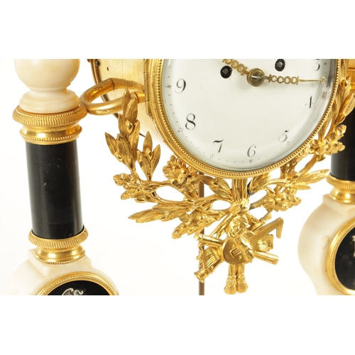 1054 - A LATE 18TH CENTURY FRENCH ORMOLU AND MARBLE DOUBLE FUSEE MANTEL CLOCK, the white marble case with c... 