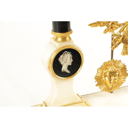 1054 - A LATE 18TH CENTURY FRENCH ORMOLU AND MARBLE DOUBLE FUSEE MANTEL CLOCK, the white marble case with c... 