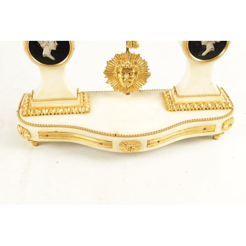 1054 - A LATE 18TH CENTURY FRENCH ORMOLU AND MARBLE DOUBLE FUSEE MANTEL CLOCK, the white marble case with c... 