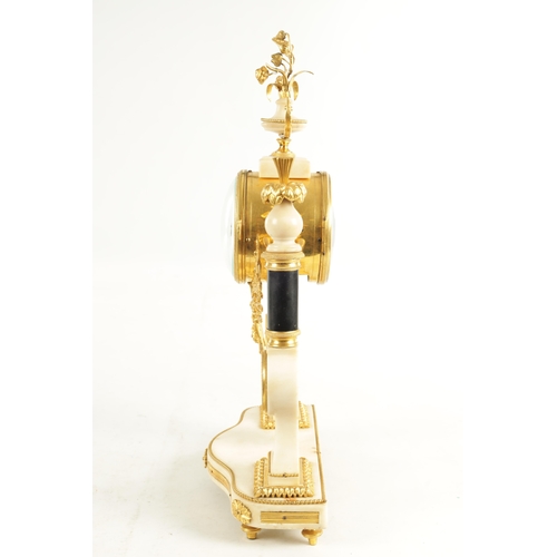 1054 - A LATE 18TH CENTURY FRENCH ORMOLU AND MARBLE DOUBLE FUSEE MANTEL CLOCK, the white marble case with c... 