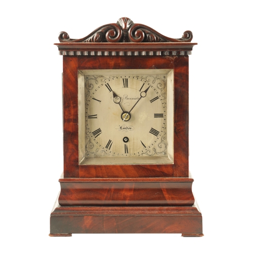 1056 - JAMES BANNISTER, LONDON. A MID 19TH CENTURY FIGURED MAHOGANY LIBRARY CLOCK, the glazed case with car... 