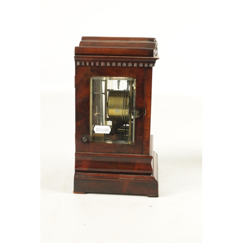 1056 - JAMES BANNISTER, LONDON. A MID 19TH CENTURY FIGURED MAHOGANY LIBRARY CLOCK, the glazed case with car... 