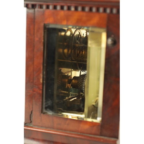 1056 - JAMES BANNISTER, LONDON. A MID 19TH CENTURY FIGURED MAHOGANY LIBRARY CLOCK, the glazed case with car... 