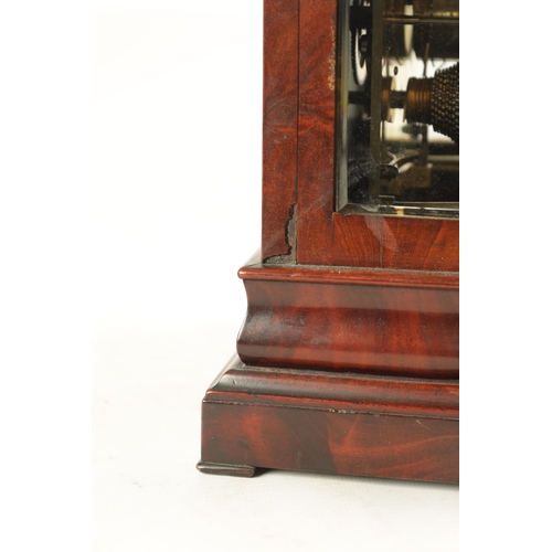 1056 - JAMES BANNISTER, LONDON. A MID 19TH CENTURY FIGURED MAHOGANY LIBRARY CLOCK, the glazed case with car... 