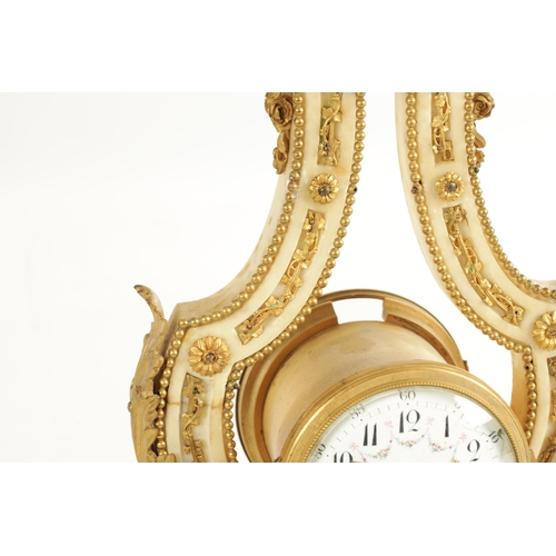 1058 - A LATE 19TH CENTURY FRENCH ORMOLU AND WHITE MARBLE LYRE SHAPED SWINGING MYSTERY CLOCK the case with ... 