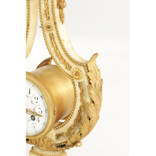 1058 - A LATE 19TH CENTURY FRENCH ORMOLU AND WHITE MARBLE LYRE SHAPED SWINGING MYSTERY CLOCK the case with ... 