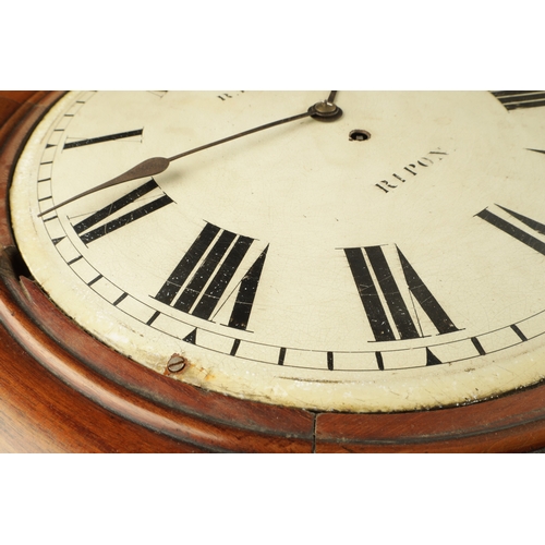 1067 - R.R. SNOW, RIPON. A LATE 19TH CENTURY FUSEE WALL CLOCK having a mahogany case with segmented moulded... 