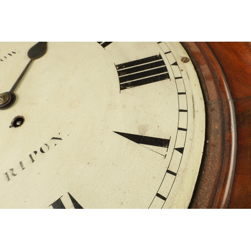 1067 - R.R. SNOW, RIPON. A LATE 19TH CENTURY FUSEE WALL CLOCK having a mahogany case with segmented moulded... 