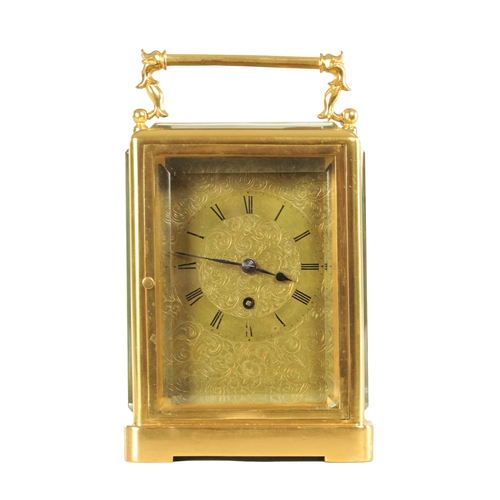 1068 - A LARGE MID 19TH CENTURY GILT BRASS ENGLISH FUSEE CARRIAGE CLOCK the one-piece moulded case with fol... 