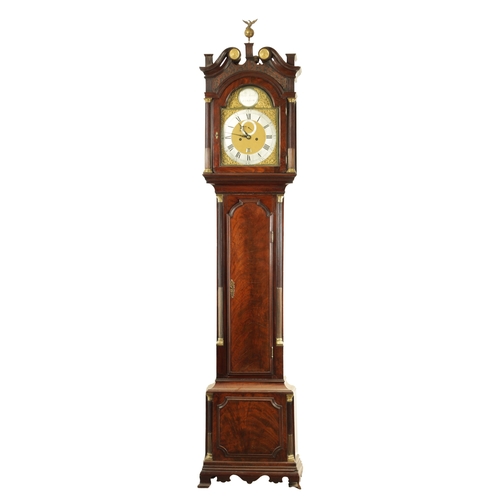 1071 - JOHN TOMBS, LONDON. A GEORGE III FIGURED MAHOGANY LONGCASE CLOCK, the case with swan neck pediment a... 