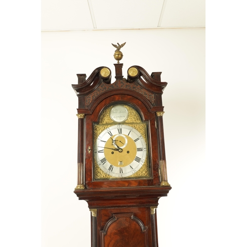 1071 - JOHN TOMBS, LONDON. A GEORGE III FIGURED MAHOGANY LONGCASE CLOCK, the case with swan neck pediment a... 