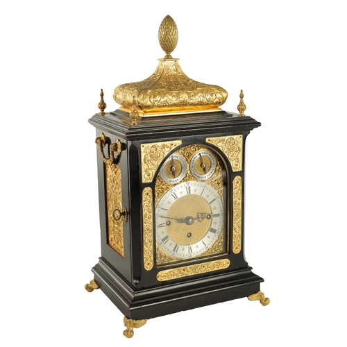 1074 - A LATE 19TH CENTURY ENGLISH MINIATURE TRIPLE FUSEE QUARTER CHIMING BRACKET CLOCK, the ebonised case ... 