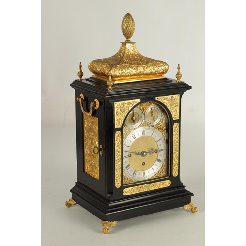 1074 - A LATE 19TH CENTURY ENGLISH MINIATURE TRIPLE FUSEE QUARTER CHIMING BRACKET CLOCK, the ebonised case ... 