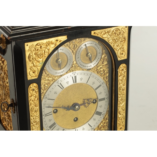 1074 - A LATE 19TH CENTURY ENGLISH MINIATURE TRIPLE FUSEE QUARTER CHIMING BRACKET CLOCK, the ebonised case ... 