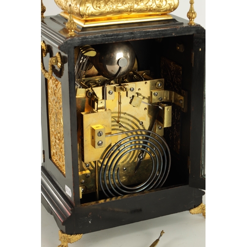 1074 - A LATE 19TH CENTURY ENGLISH MINIATURE TRIPLE FUSEE QUARTER CHIMING BRACKET CLOCK, the ebonised case ... 