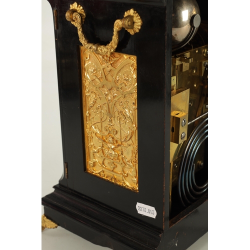 1074 - A LATE 19TH CENTURY ENGLISH MINIATURE TRIPLE FUSEE QUARTER CHIMING BRACKET CLOCK, the ebonised case ... 