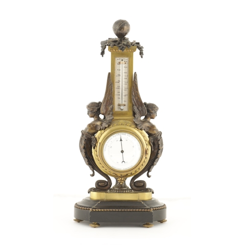 1075 - A LATE 19TH CENTURY FRENCH BRONZE DESK BAROMETER having winged caryatid mounts and black marble base... 