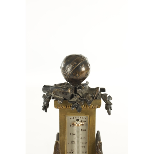 1075 - A LATE 19TH CENTURY FRENCH BRONZE DESK BAROMETER having winged caryatid mounts and black marble base... 