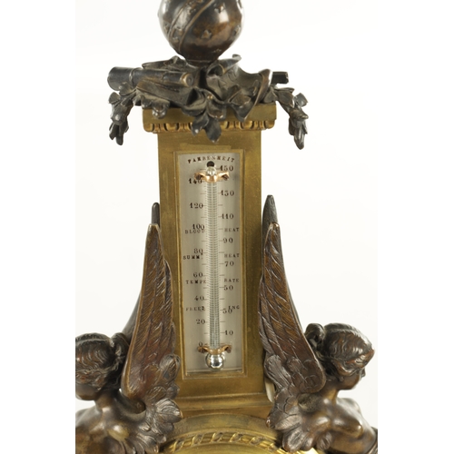 1075 - A LATE 19TH CENTURY FRENCH BRONZE DESK BAROMETER having winged caryatid mounts and black marble base... 