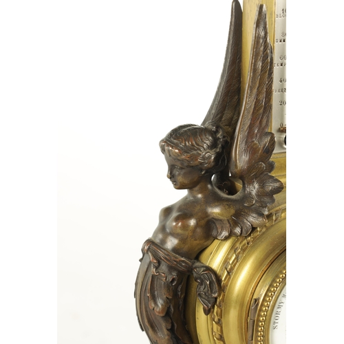 1075 - A LATE 19TH CENTURY FRENCH BRONZE DESK BAROMETER having winged caryatid mounts and black marble base... 